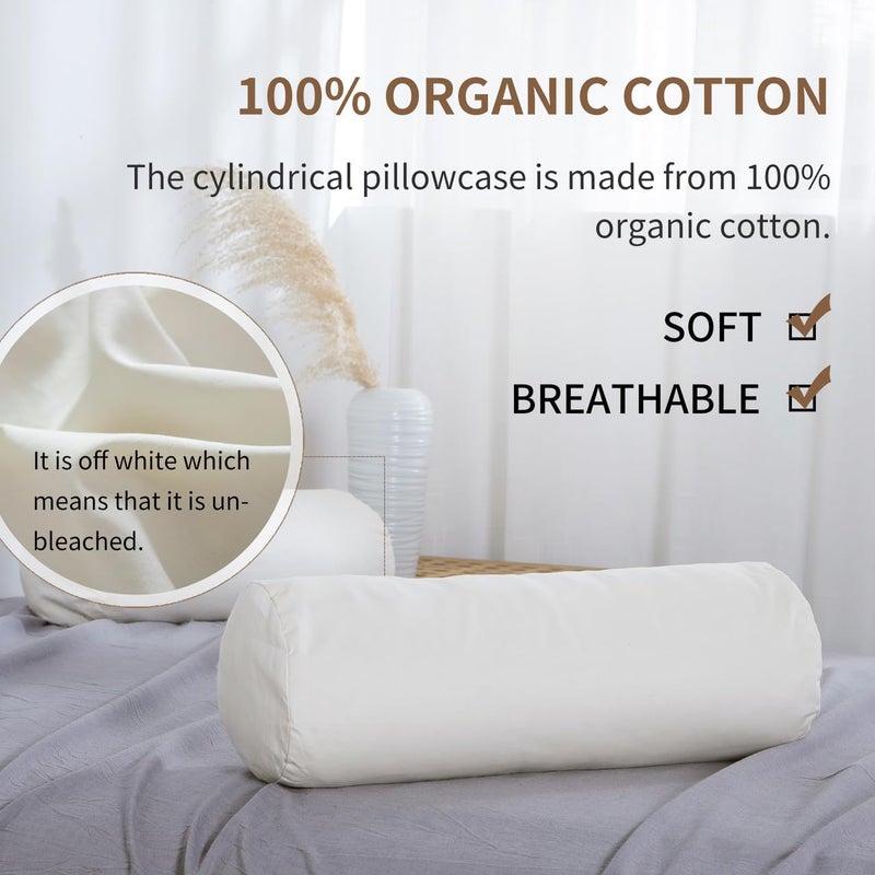 Lofe Organic Cotton Pillow Case - One Pack 17''×6'' Cylindrical Pillow Cover - 300 TC Thread Count - Soft and Breathable - Off White - Image 4